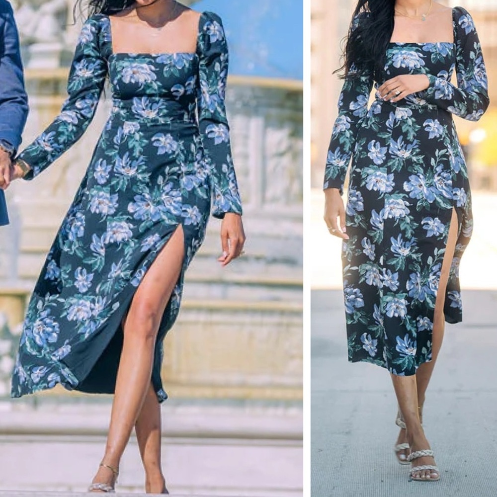 Abercrombie & Fitch Long Sleeve Squareneck Midi Dress Black Floral Blue XLP